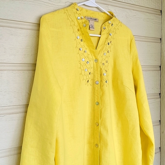 E-col-o-gie Yellow Embroidered 100% Linen Button Front Long Sleeve Shirt Women L - Picture 6 of 9